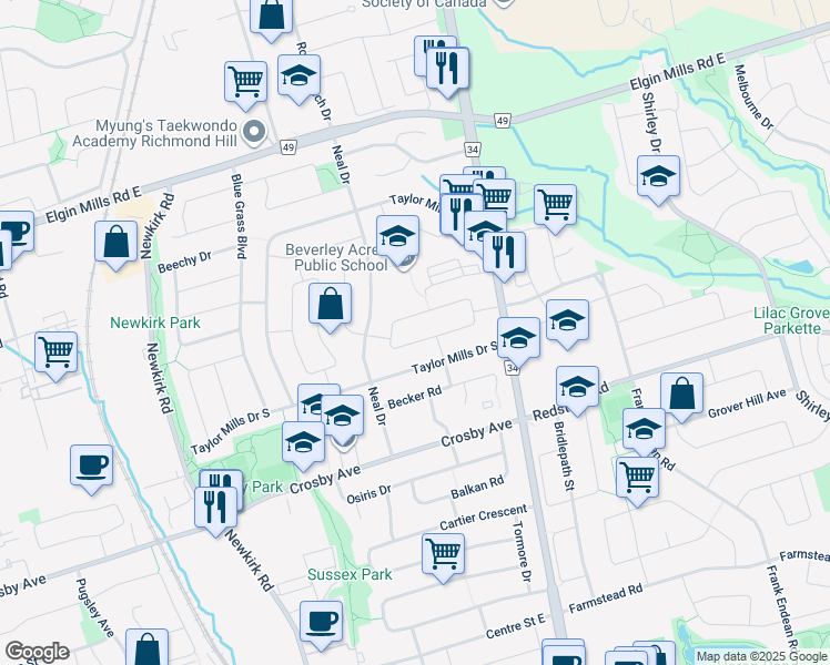 map of restaurants, bars, coffee shops, grocery stores, and more near 399 Lynett Crescent in Richmond Hill