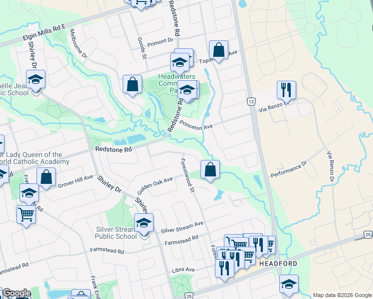 map of restaurants, bars, coffee shops, grocery stores, and more near 2 Lord Nelson Court in Richmond Hill