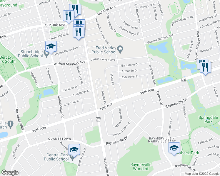 map of restaurants, bars, coffee shops, grocery stores, and more near 122 Maria Road in Markham