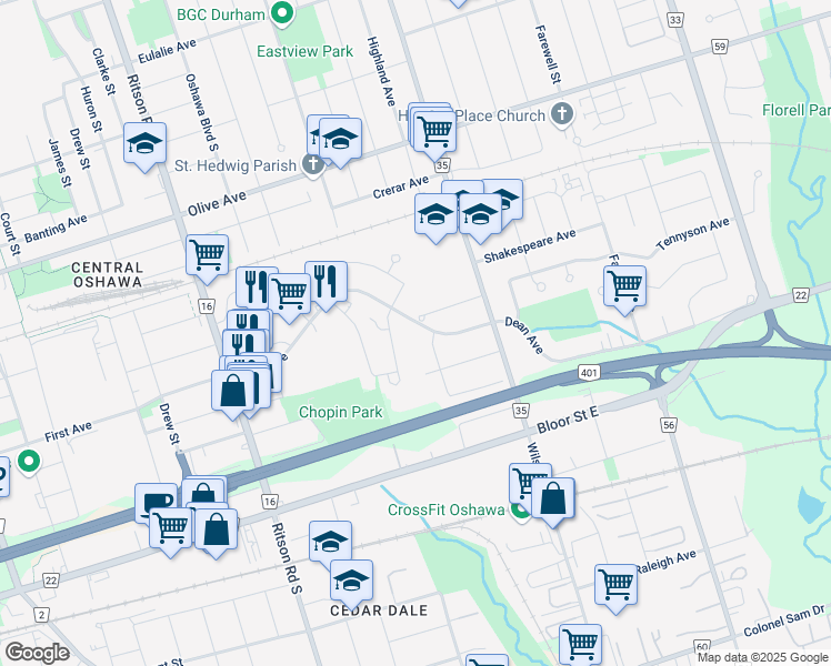 map of restaurants, bars, coffee shops, grocery stores, and more near 477 Dean Avenue in Oshawa