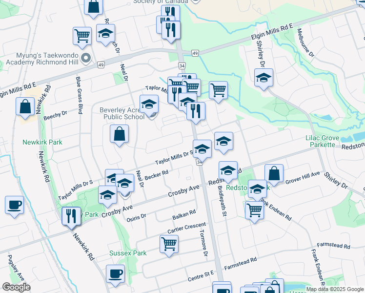 map of restaurants, bars, coffee shops, grocery stores, and more near 446 Lynett Crescent in Richmond Hill
