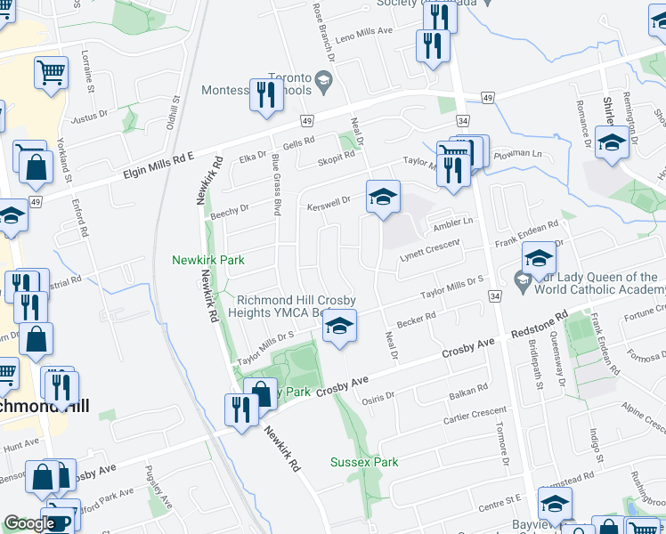 map of restaurants, bars, coffee shops, grocery stores, and more near 379 Browndale Crescent in Richmond Hill