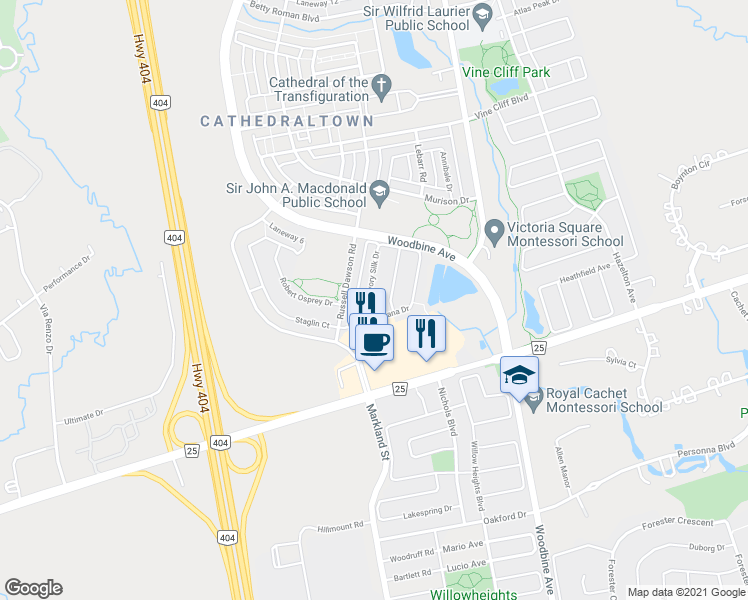 map of restaurants, bars, coffee shops, grocery stores, and more near 9 Ivory Silk Drive in Markham