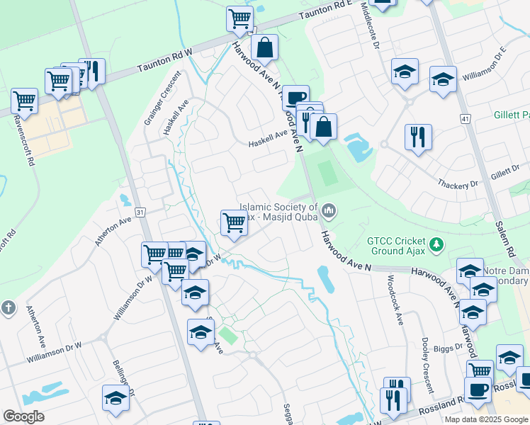 map of restaurants, bars, coffee shops, grocery stores, and more near 32 Williamson Drive West in Ajax