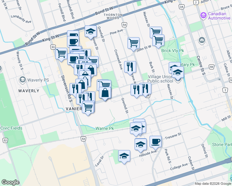 map of restaurants, bars, coffee shops, grocery stores, and more near 380 Gibb Street in Oshawa