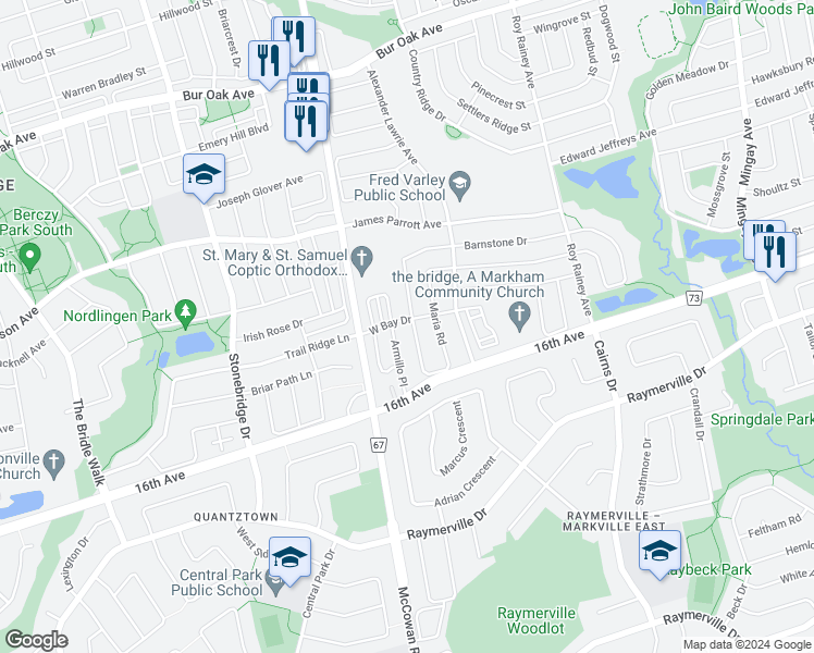 map of restaurants, bars, coffee shops, grocery stores, and more near 125 Maria Road in Markham