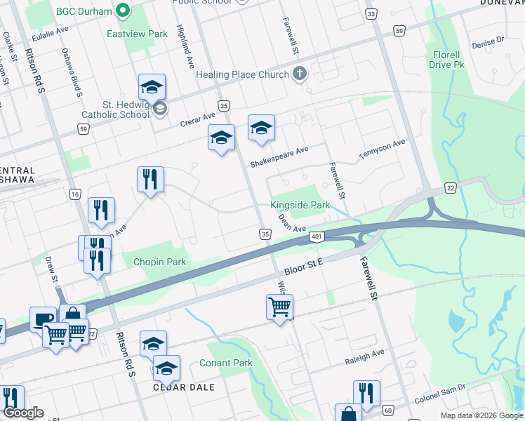 map of restaurants, bars, coffee shops, grocery stores, and more near in Oshawa