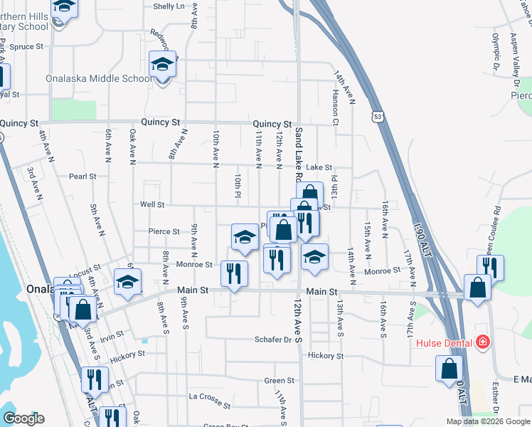 map of restaurants, bars, coffee shops, grocery stores, and more near 321 11th Avenue North in Onalaska