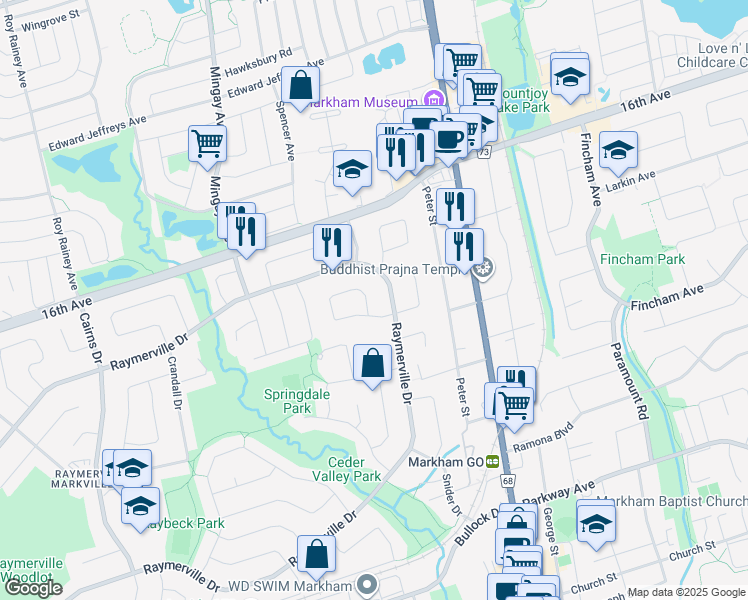 map of restaurants, bars, coffee shops, grocery stores, and more near 77 Cobbler Crescent in Markham