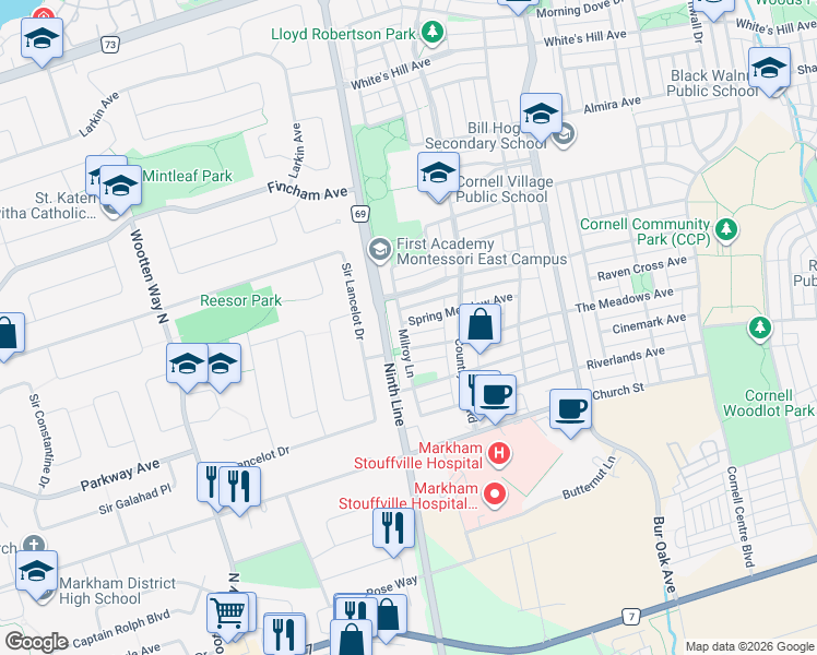 map of restaurants, bars, coffee shops, grocery stores, and more near 3 Spring Meadow Avenue in Markham