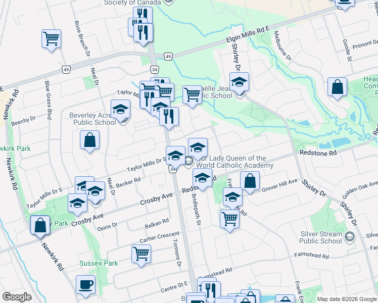 map of restaurants, bars, coffee shops, grocery stores, and more near 53 Cameo Drive in Richmond Hill