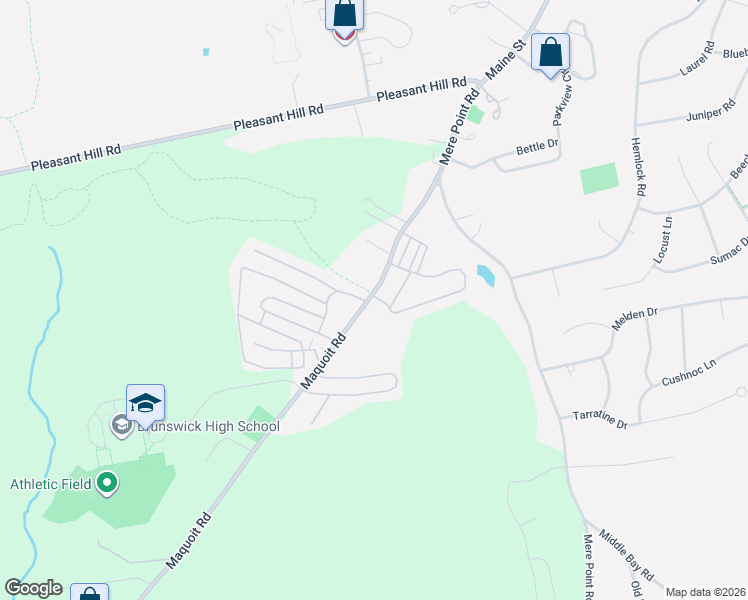 map of restaurants, bars, coffee shops, grocery stores, and more near 67 Maquoit Road in Brunswick