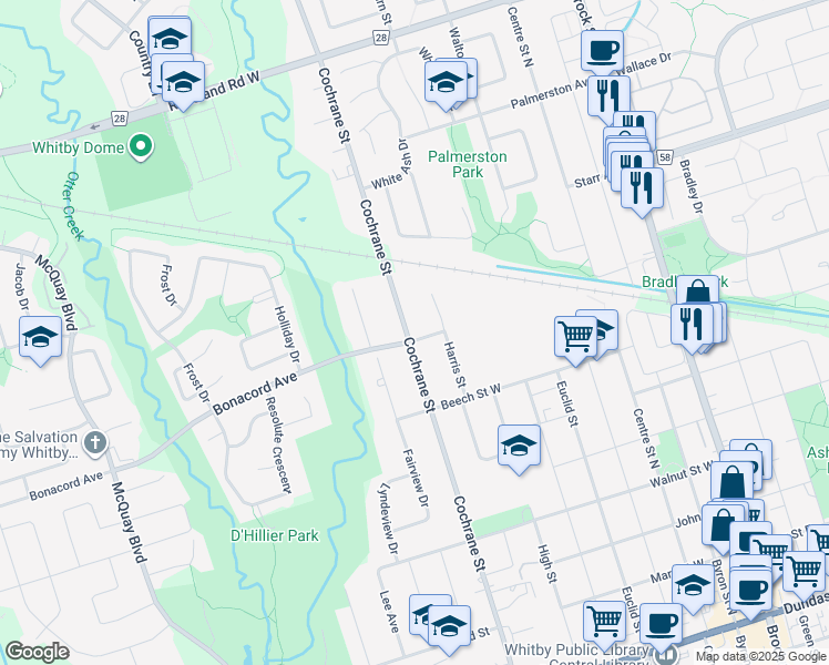 map of restaurants, bars, coffee shops, grocery stores, and more near 810 Vernon Street in Whitby
