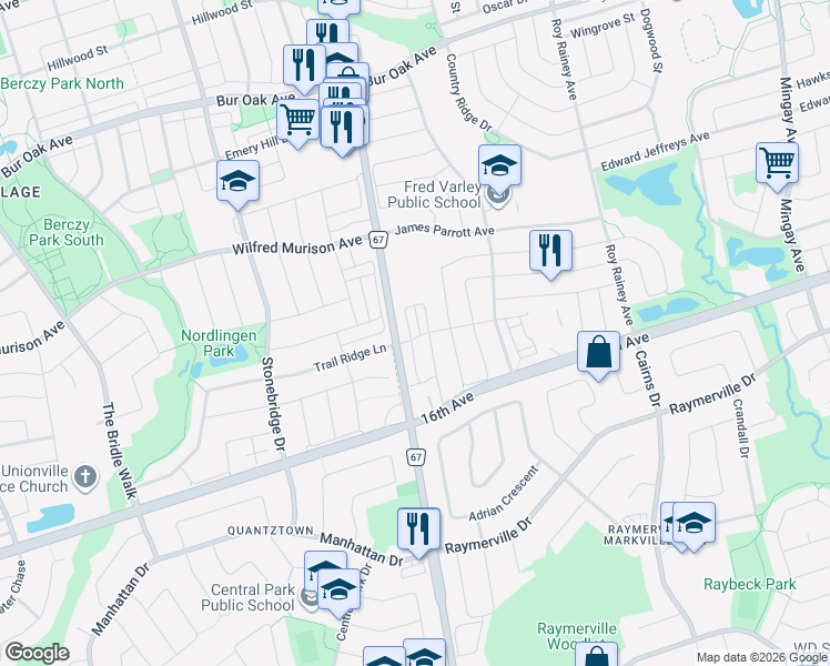 map of restaurants, bars, coffee shops, grocery stores, and more near 2 Andalusia Lane in Markham