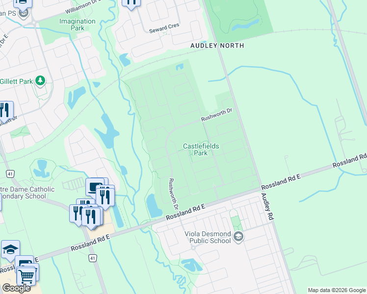 map of restaurants, bars, coffee shops, grocery stores, and more near 74 Styles Crescent in Ajax