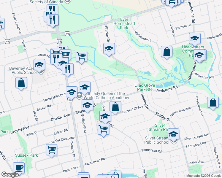 map of restaurants, bars, coffee shops, grocery stores, and more near 38 Angelica Avenue in Richmond Hill