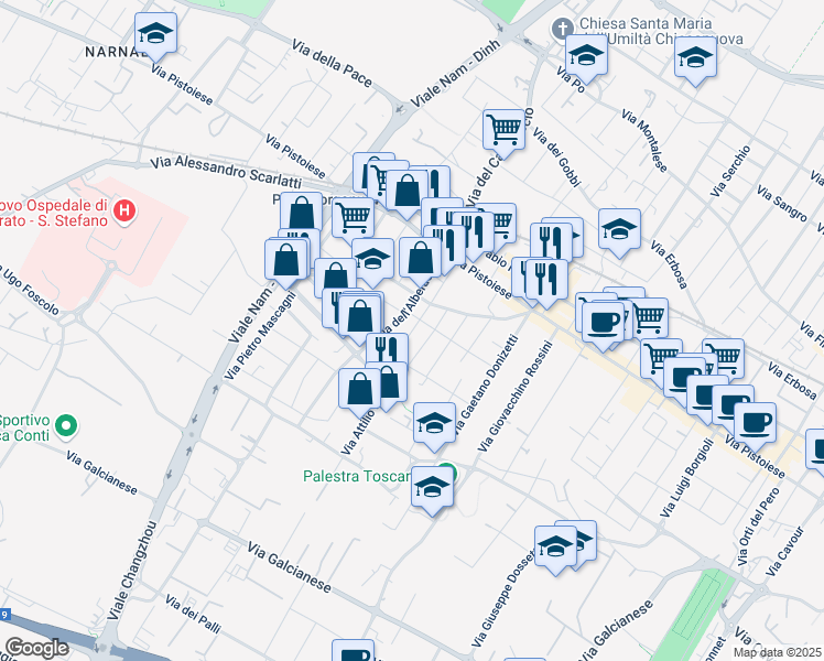 map of restaurants, bars, coffee shops, grocery stores, and more near 57 Via Giuseppe Becherini in Prato