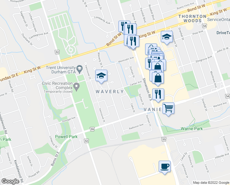 map of restaurants, bars, coffee shops, grocery stores, and more near 655 Cartier Avenue in Oshawa