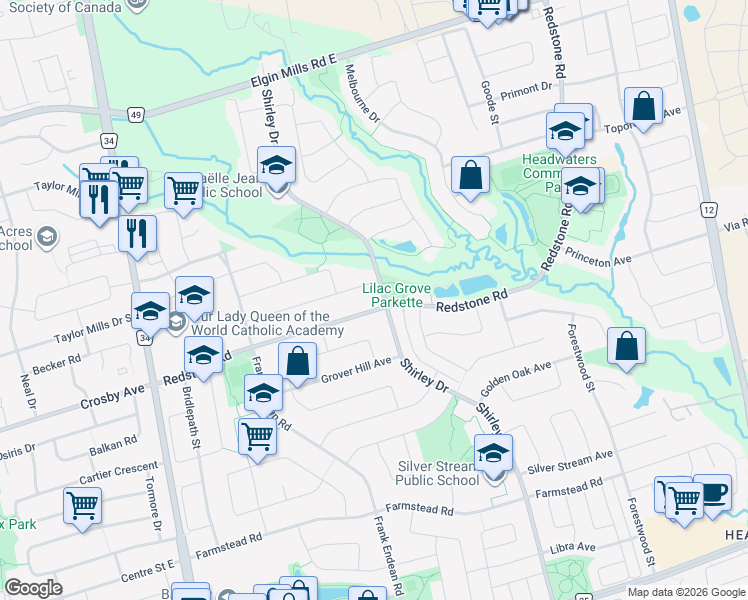 map of restaurants, bars, coffee shops, grocery stores, and more near 122 Redstone Road in Richmond Hill