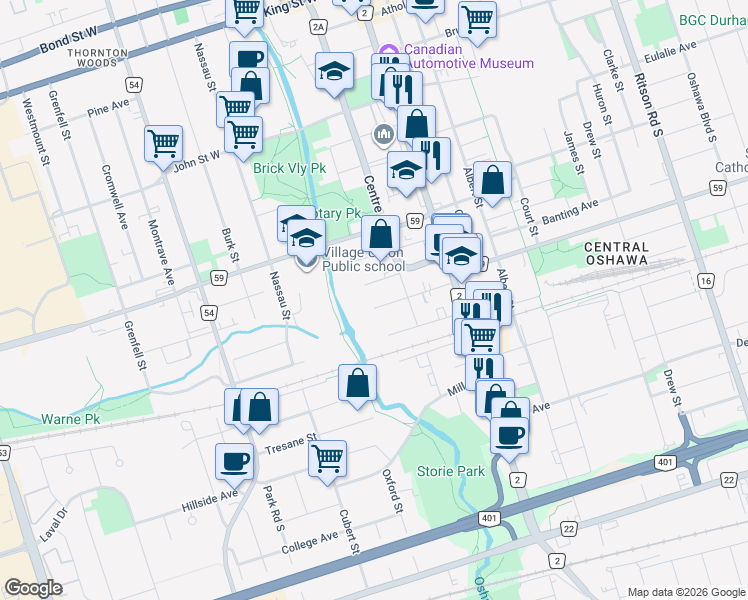 map of restaurants, bars, coffee shops, grocery stores, and more near 94 Royal Street in Oshawa