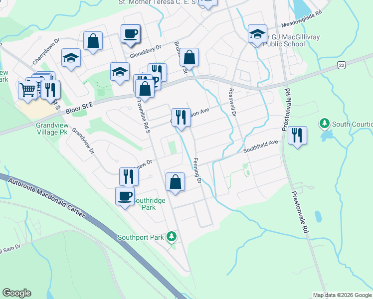 map of restaurants, bars, coffee shops, grocery stores, and more near 17 Cornish Drive in Courtice