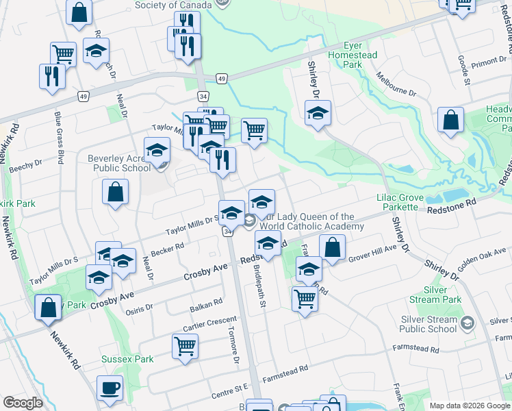 map of restaurants, bars, coffee shops, grocery stores, and more near 45 Cameo Drive in Richmond Hill