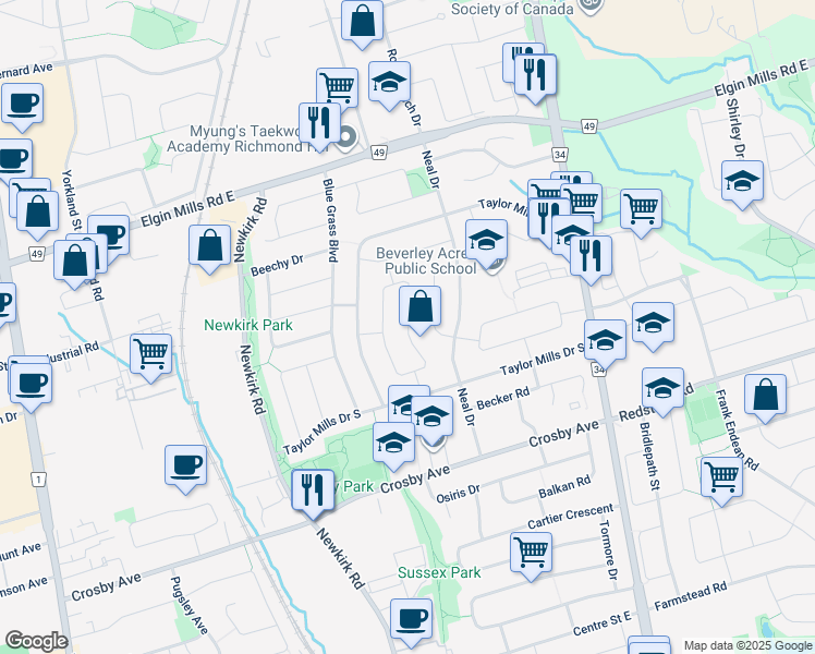 map of restaurants, bars, coffee shops, grocery stores, and more near Browndale Crescent in Richmond Hill
