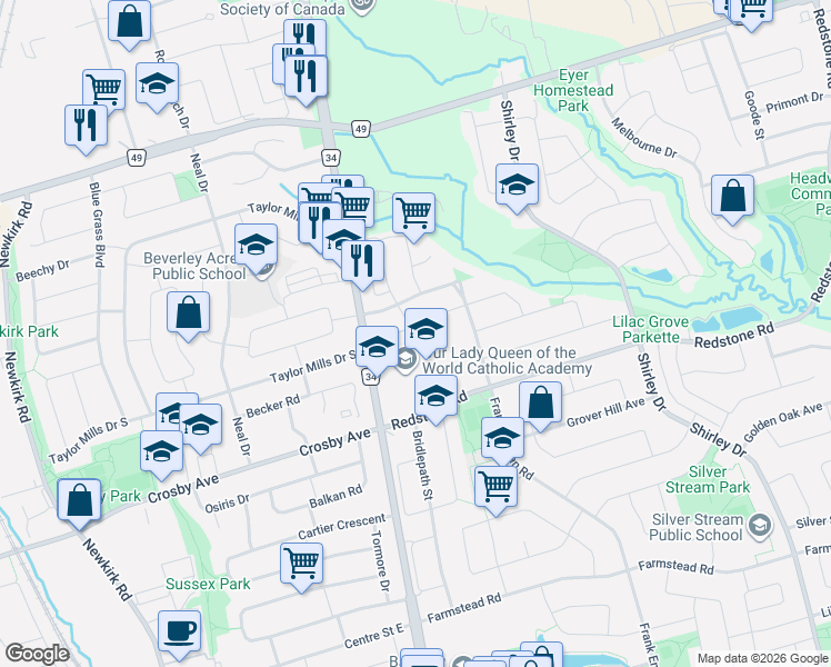 map of restaurants, bars, coffee shops, grocery stores, and more near 45 Cameo Drive in Richmond Hill