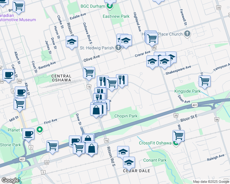 map of restaurants, bars, coffee shops, grocery stores, and more near 490 Beresford Path in Oshawa