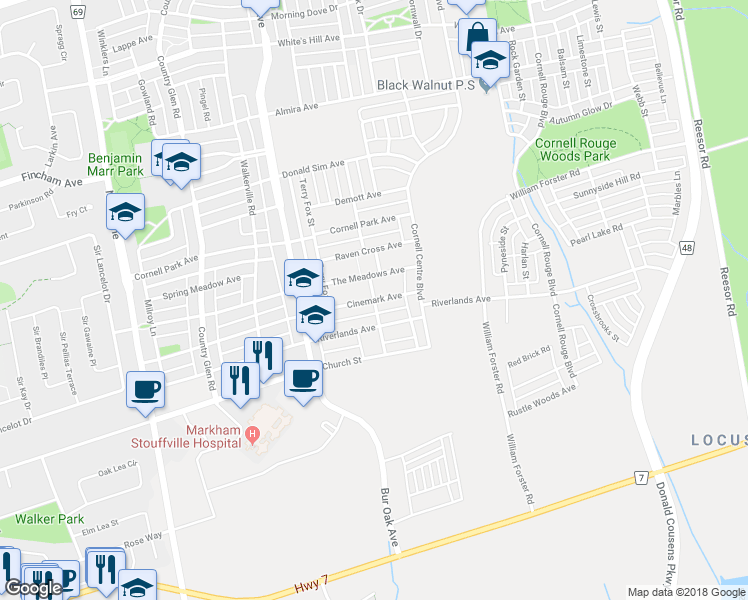 map of restaurants, bars, coffee shops, grocery stores, and more near Cinemark Avenue in Markham