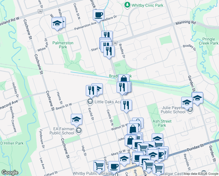 map of restaurants, bars, coffee shops, grocery stores, and more near 52 Playfair Road in Whitby