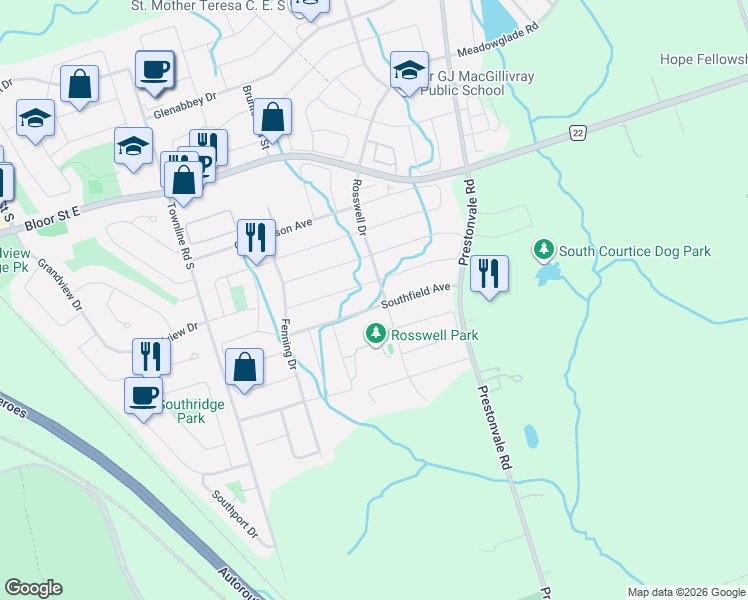map of restaurants, bars, coffee shops, grocery stores, and more near in Clarington