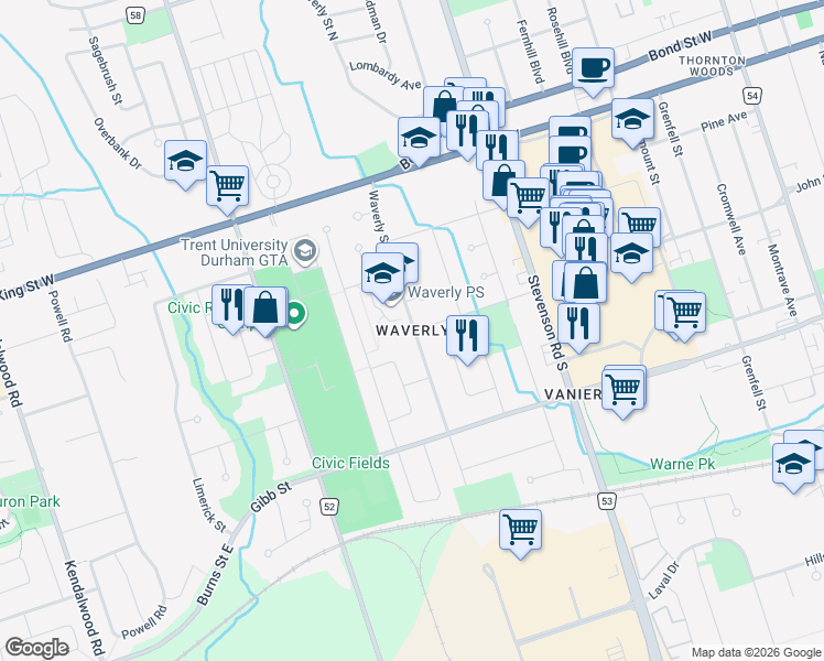 map of restaurants, bars, coffee shops, grocery stores, and more near 100 Waverly Street South in Oshawa
