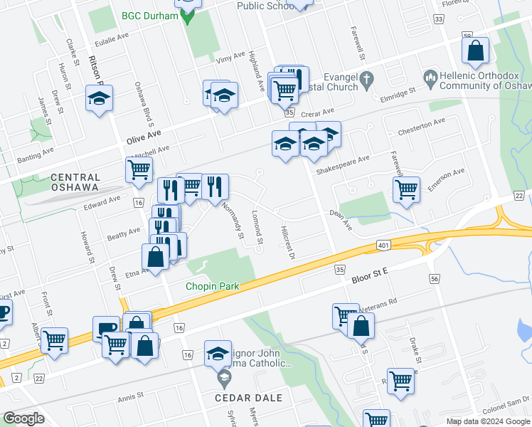 map of restaurants, bars, coffee shops, grocery stores, and more near in Oshawa