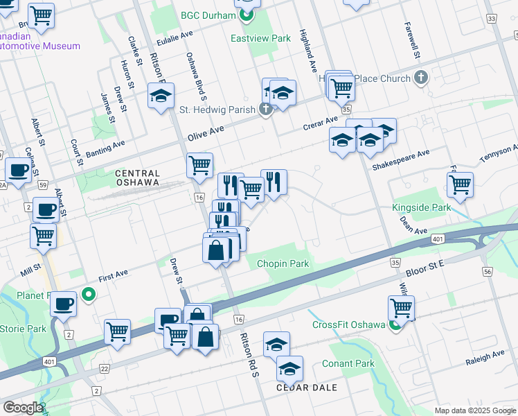 map of restaurants, bars, coffee shops, grocery stores, and more near in Oshawa