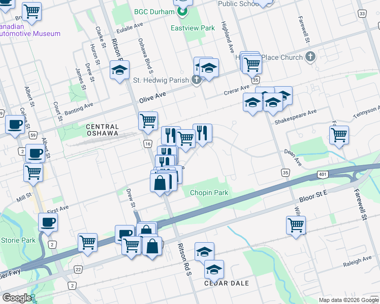 map of restaurants, bars, coffee shops, grocery stores, and more near 490 Beresford Path in Oshawa