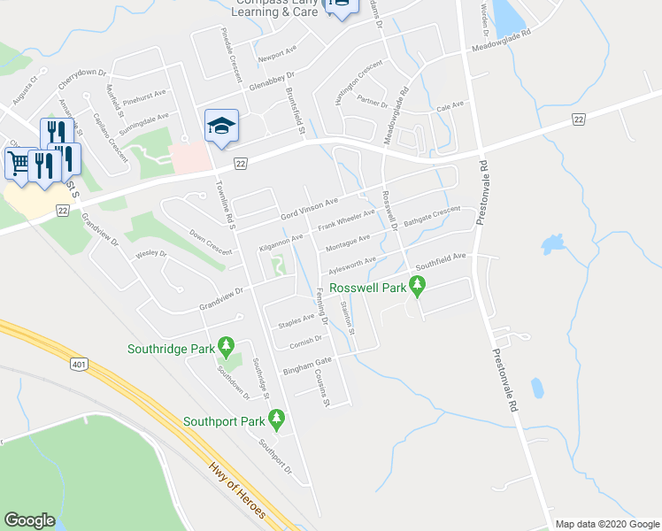 map of restaurants, bars, coffee shops, grocery stores, and more near 16 Aylesworth Avenue in Courtice