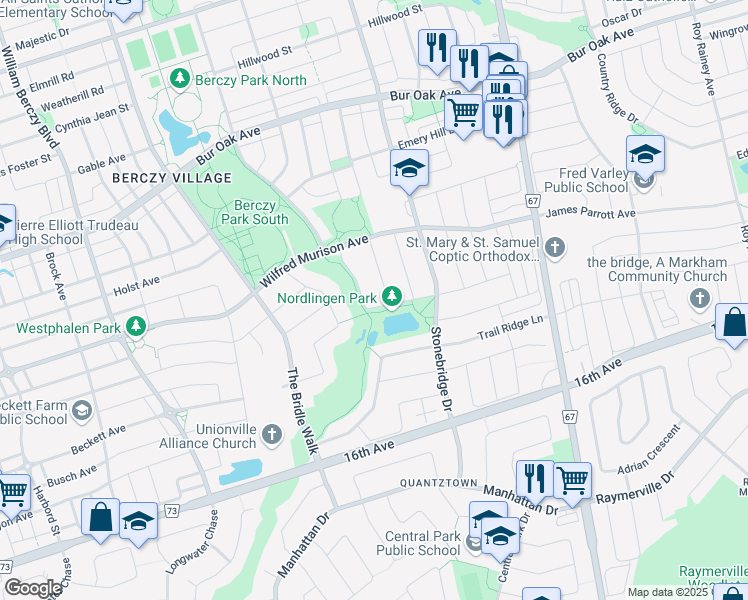 map of restaurants, bars, coffee shops, grocery stores, and more near 66 Hollylane Drive in Markham