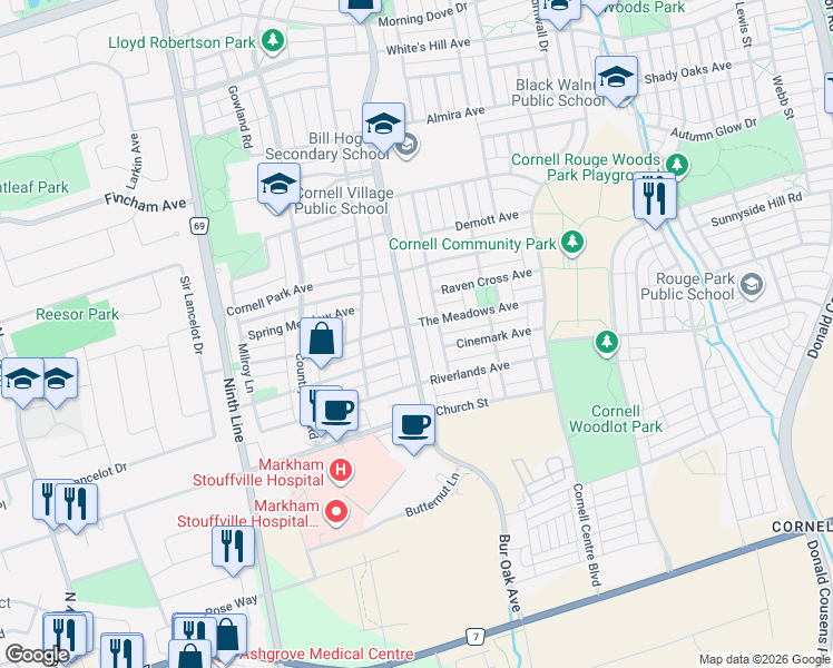map of restaurants, bars, coffee shops, grocery stores, and more near 2980 Bur Oak Avenue in Markham