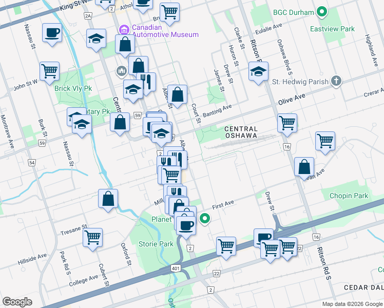 map of restaurants, bars, coffee shops, grocery stores, and more near 64 Fisher Street in Oshawa