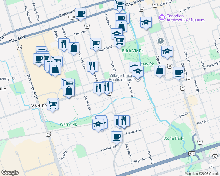 map of restaurants, bars, coffee shops, grocery stores, and more near in Oshawa