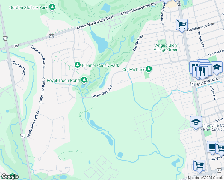 map of restaurants, bars, coffee shops, grocery stores, and more near 122 Angus Glen Boulevard in Markham
