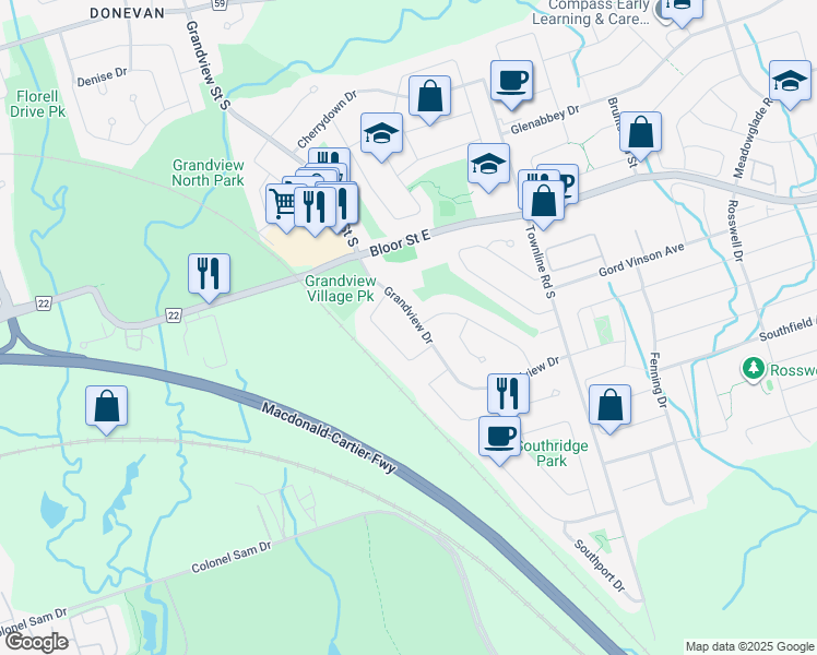 map of restaurants, bars, coffee shops, grocery stores, and more near in Oshawa