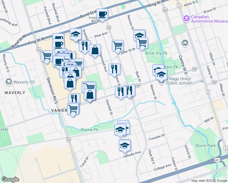 map of restaurants, bars, coffee shops, grocery stores, and more near in Oshawa