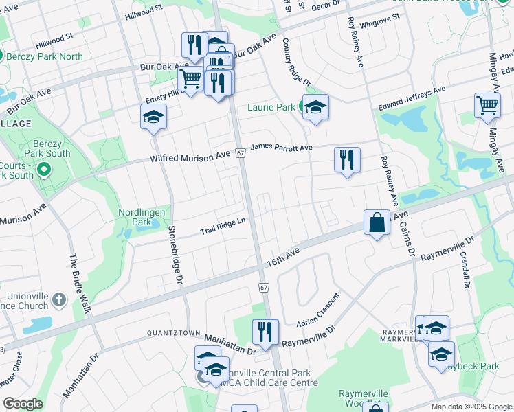 map of restaurants, bars, coffee shops, grocery stores, and more near in Markham