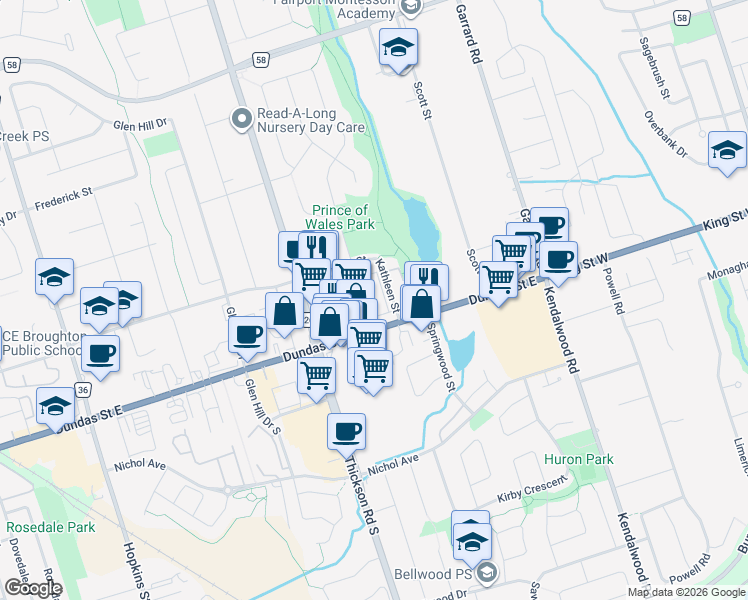 map of restaurants, bars, coffee shops, grocery stores, and more near 1650 Dundas Street East in Whitby
