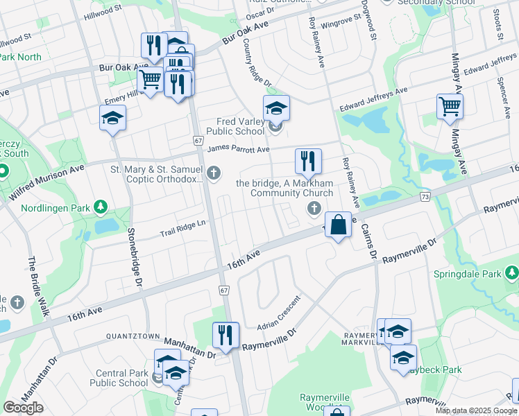 map of restaurants, bars, coffee shops, grocery stores, and more near Maria Road in Markham