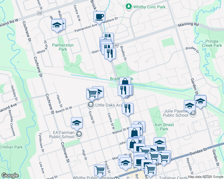 map of restaurants, bars, coffee shops, grocery stores, and more near 52 Playfair Road in Whitby