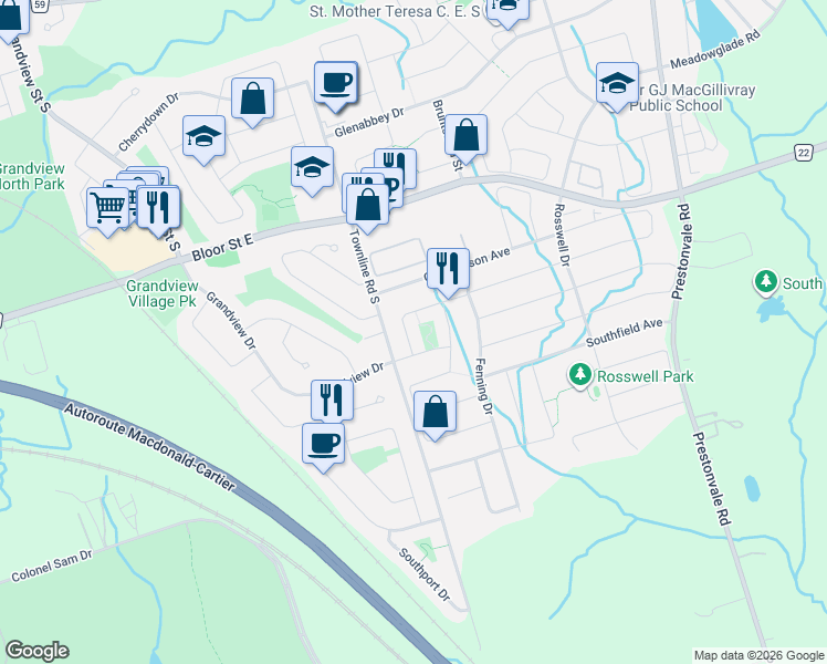 map of restaurants, bars, coffee shops, grocery stores, and more near 101 Kilgannon Avenue in Clarington