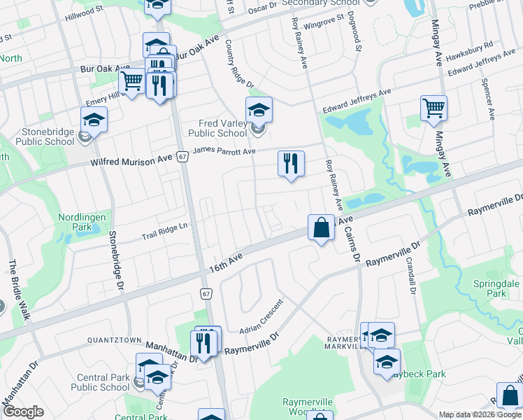map of restaurants, bars, coffee shops, grocery stores, and more near 4 Carole Bell Way in Markham